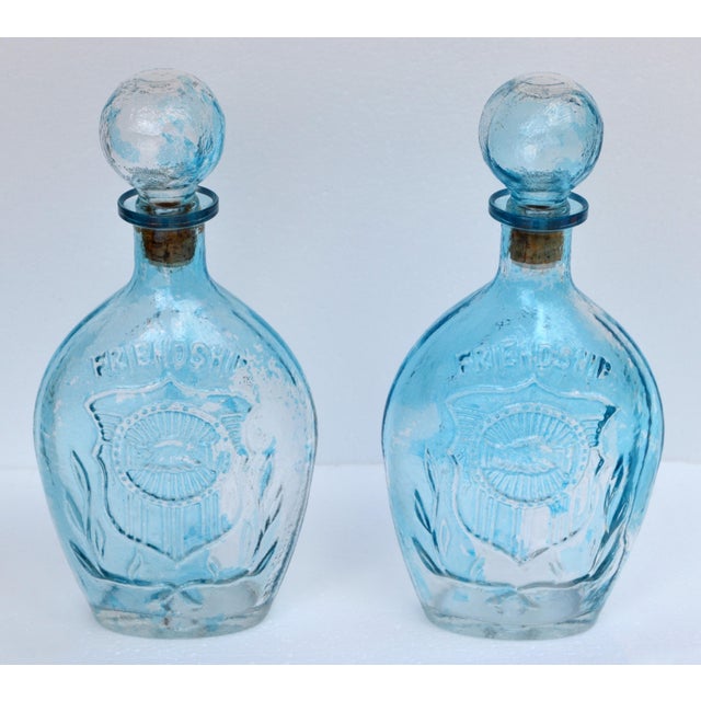 Union Porcelain Works Mid-20th Century American Blown Glass Flasks Decanter Bottles Friendship Horn of Plenty Blue Amber - Set of 3 For Sale - Image 4 of 18