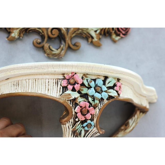 Ivory Vintage Baroque Floral Ornate Wall Mirror with Console Shelf, 1970s, Set of 2 For Sale - Image 8 of 14
