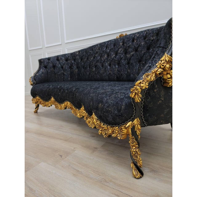 1950s Midnight Royale Tufted Sofa | Black & Gold Baroque Statement Couch | Victorian Glam Living Room Sofa For Sale - Image 11 of 11