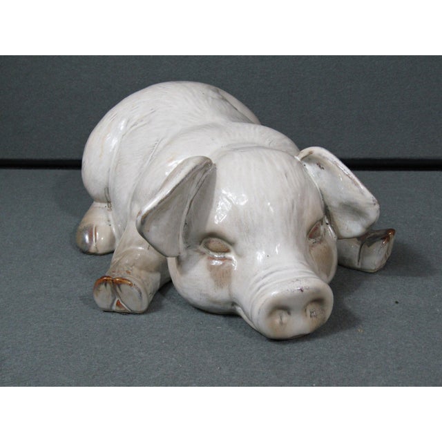 Vintage Large Glazed Sleeping Pig Pottery Figurine, White, 12” For Sale - Image 4 of 7