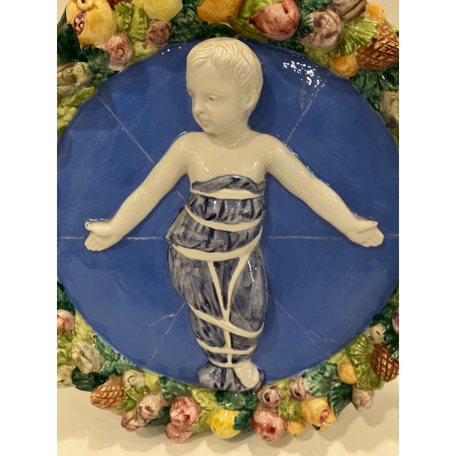 This hand crafted sculptural medallion Was made in Italy in the style of Della Robbia a 14th century family working in...