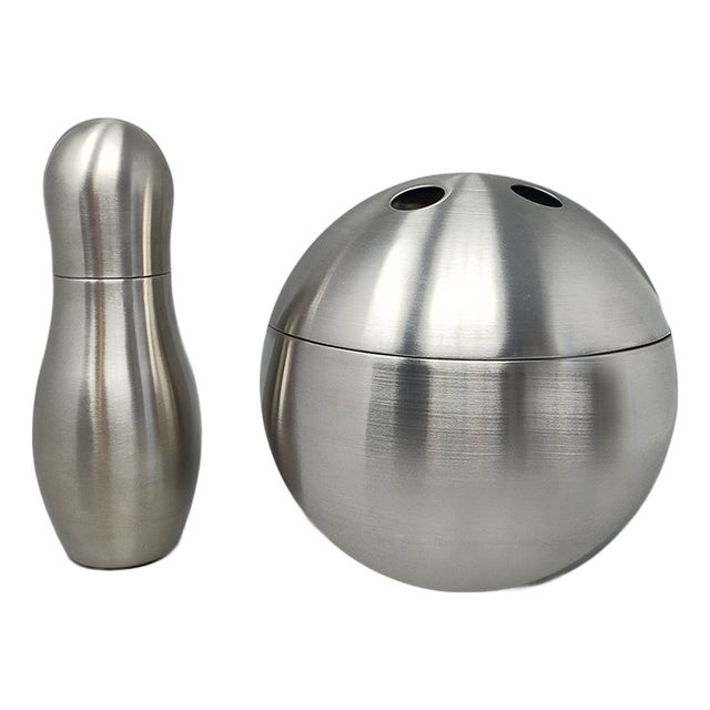 Vintage Italian Bowling Cocktail Shaker with Ice Bucket Tauma by Guzzini, 1970s, Set of 2 For Sale