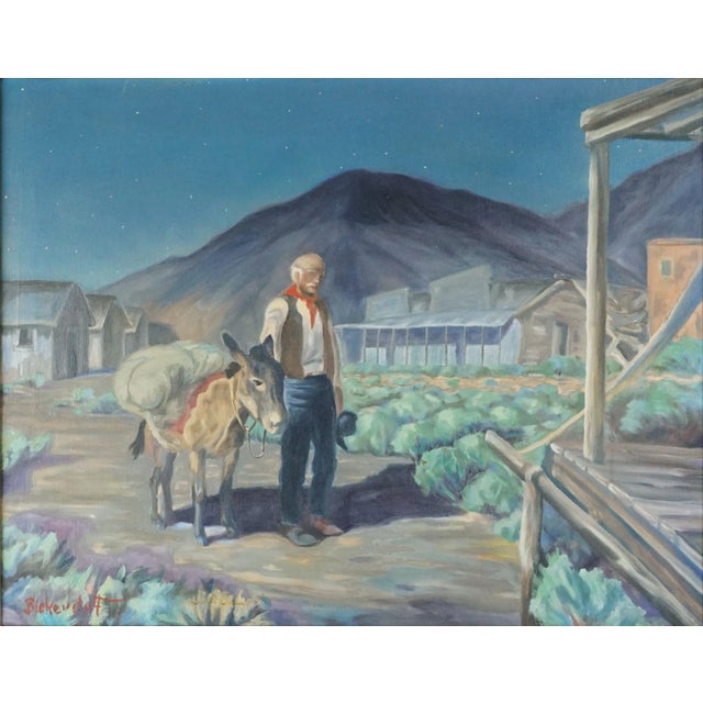 A rare figurative for this well-listed California artist of a Nevada mining town landscape with prospector and burro by...