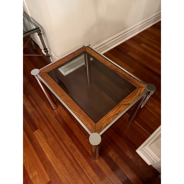 Mid-Century Modern Manner of Milo Baughman 1970s Modernist Chrome, Wood & Smoked Glass Side Table. For Sale - Image 3 of 6