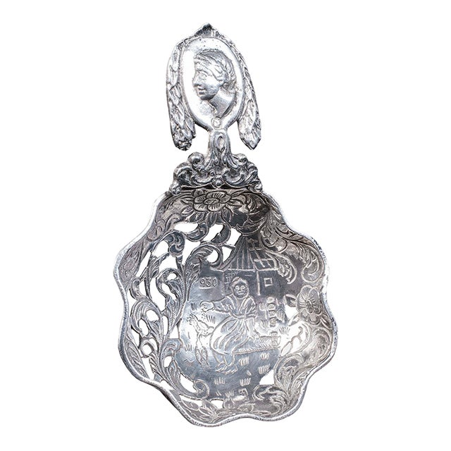 Antique Sugar Casting Spoon, Dutch, Silver, Sifter, Import Hallmarks, Victorian For Sale