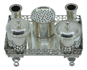 Silver Inkwell with Grid, Tanks, Pen Holder and Half-Ball Feet