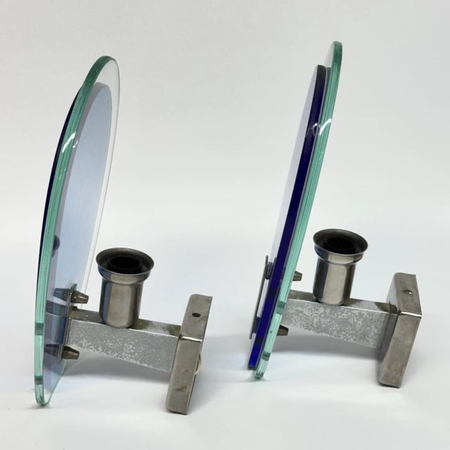 Veca 1970s Italian Blue Glass and Nickel Sconce Pair by Veca For Sale - Image 4 of 10