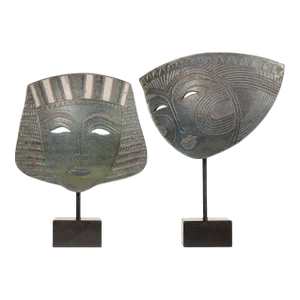 Jacinthe Bruneau Pair Tribal Mask Raku Ceramic Sculptures