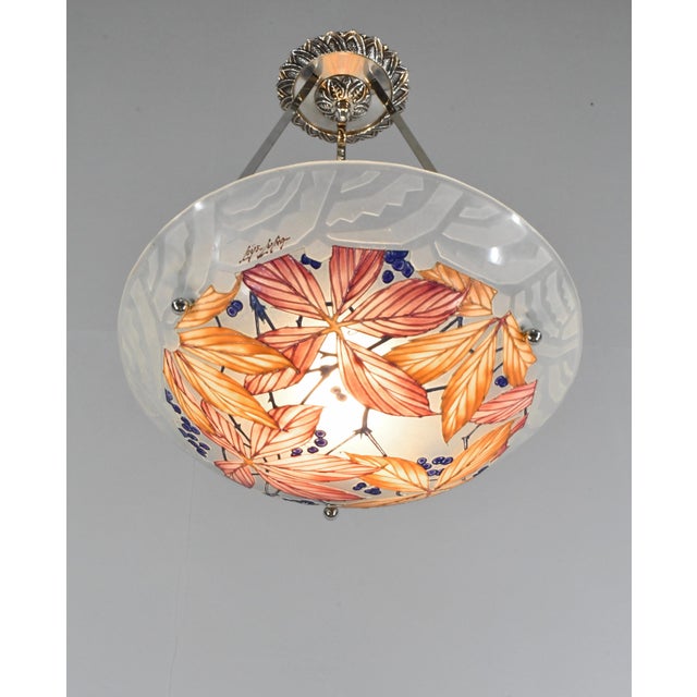 1930s Loys Lucha French Art Deco Pendant Light 1930s - Red Orange Floral Enameled Bowl For Sale - Image 5 of 14