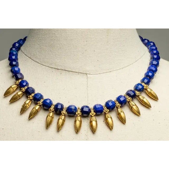 Indian 1990s Faceted Lapis Lazuli Beaded Necklace with 22K Gold Spears For Sale - Image 3 of 4
