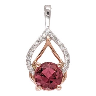 Pink Tourmaline Pendant with Natural Diamonds in Solid 14k Dual Tone Gold Round 5mm For Sale