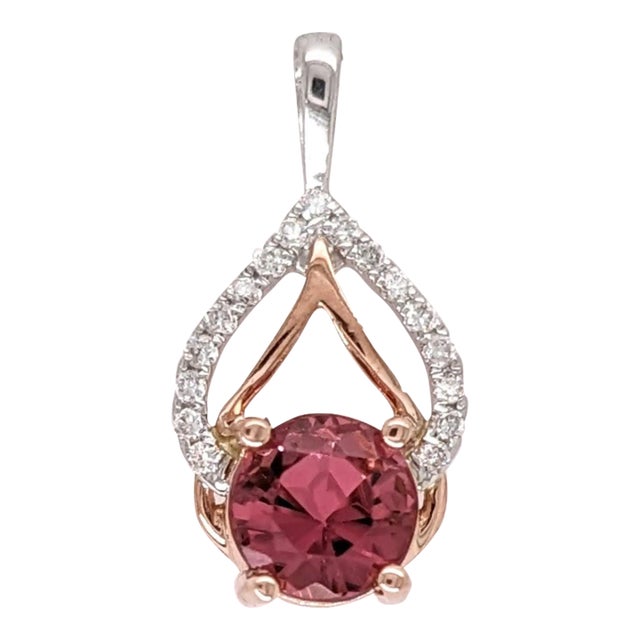 Pink Tourmaline Pendant with Natural Diamonds in Solid 14k Dual Tone Gold Round 5mm For Sale