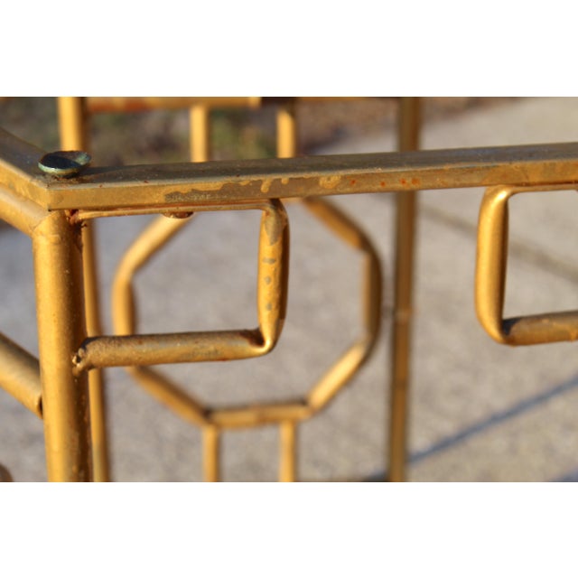 Vintage Hollywood Regency Gold Gilt Metal Chinoiserie Side Tables – Pair For Sale - Image 14 of 15