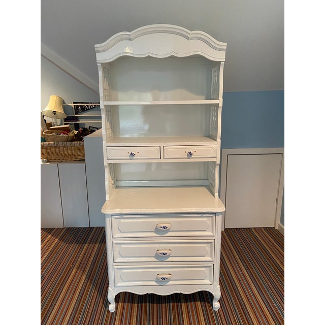 French Country White Vintage Narrow Dresser Base With Hutch Top For Sale - Image 6 of 6