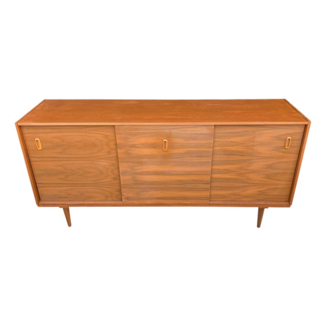 Danish Modern Scandinavian Walnut Credenza – Sliding Doors, Recessed Pulls, Restored For Sale