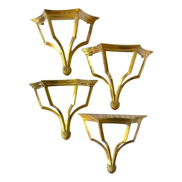 Set of 4 Vintage Solid Brass Chinoiserie Pagoda Wall Brackets With Shell Motif For Sale