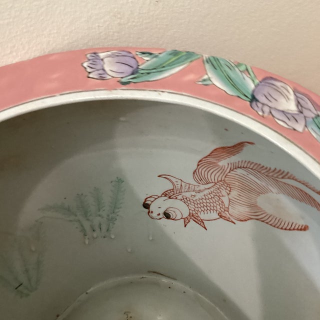 Pink Vintage Pair of Chinoiserie Large Porcelain Koi Fish Bowl Planters Floral Motif For Sale - Image 8 of 12