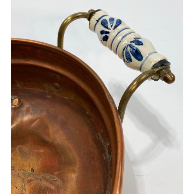 Copper Antique Footed Copper Cachepot With Delft Style Ceramic Handles For Sale - Image 8 of 8