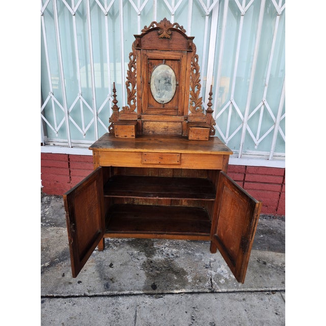 Antique Carved Wood Vanity Dresser With Mirror For Sale - Image 4 of 12