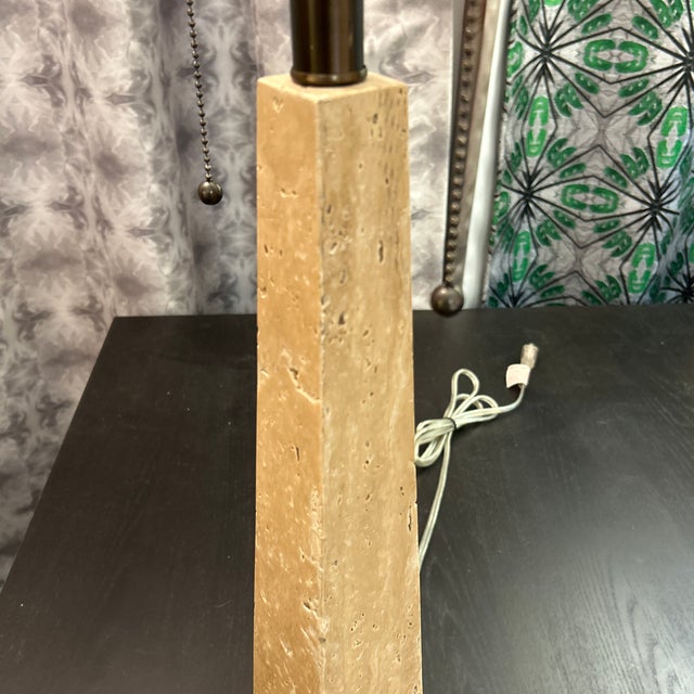 Travertine and Bronze Finish Obelisk Shape Table Lamp For Sale - Image 4 of 11