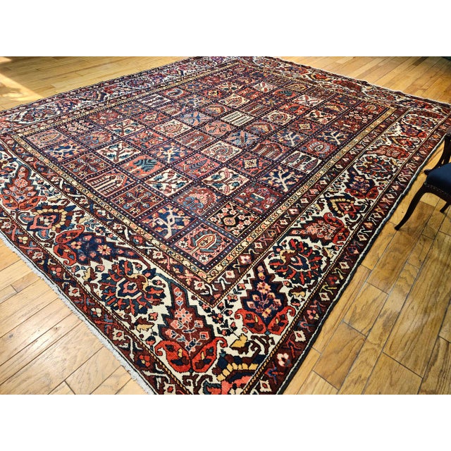 Vintage Oversized Persian Bakhtiari Rug, Hand-Knotted wool, Garden Panel Pattern, Burgundy & Blue, 11x14 For Sale - Image 9 of 11
