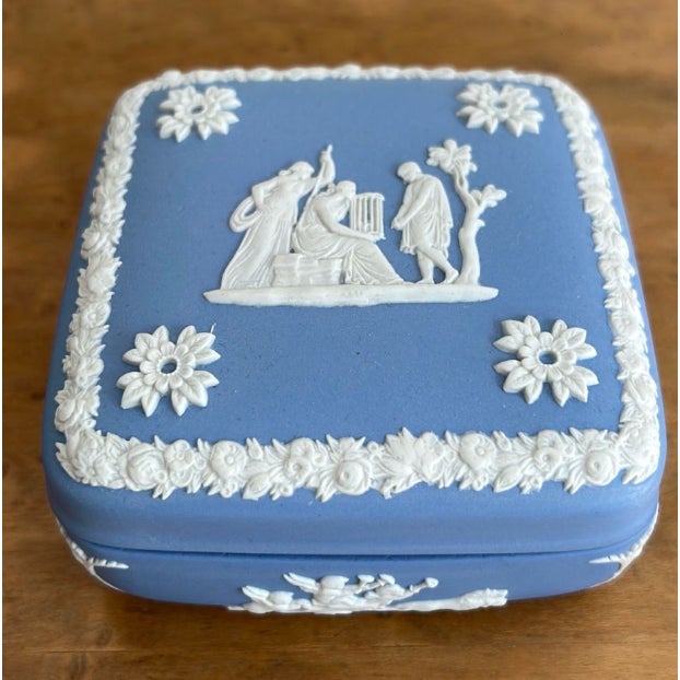 Made in England. Unglazed matte stoneware (often referred to as Jasperware) featuring applied white neoclassical bas-...