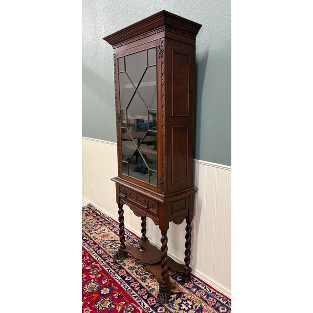 Wood Antique English Oak Jacobean Revival Bookcase Barley Twist Display Cabinet C1890 For Sale - Image 7 of 17