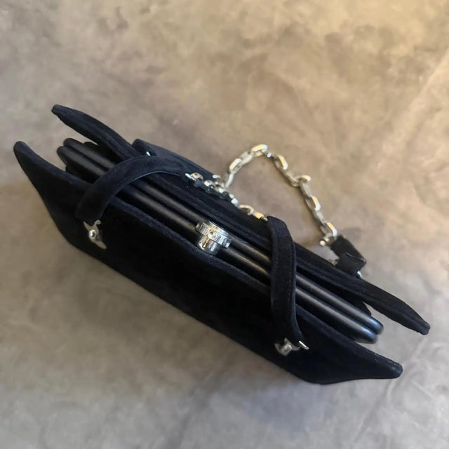 1980s Black Cut Velvet and Silver Plated Hardware Italian Evening Bag For Sale - Image 13 of 15