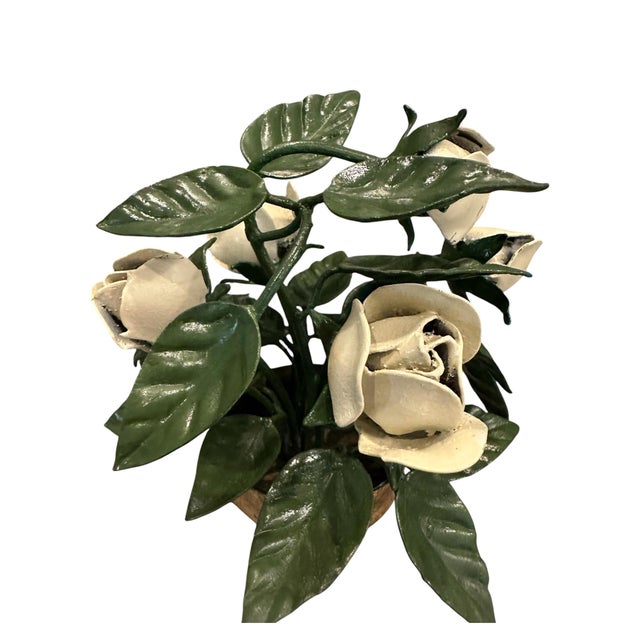 Metal Vintage Italian Gilt Tole Potted White Roses Floral / Flowers / Rose Floral Arrangement / Sculpture For Sale - Image 7 of 9