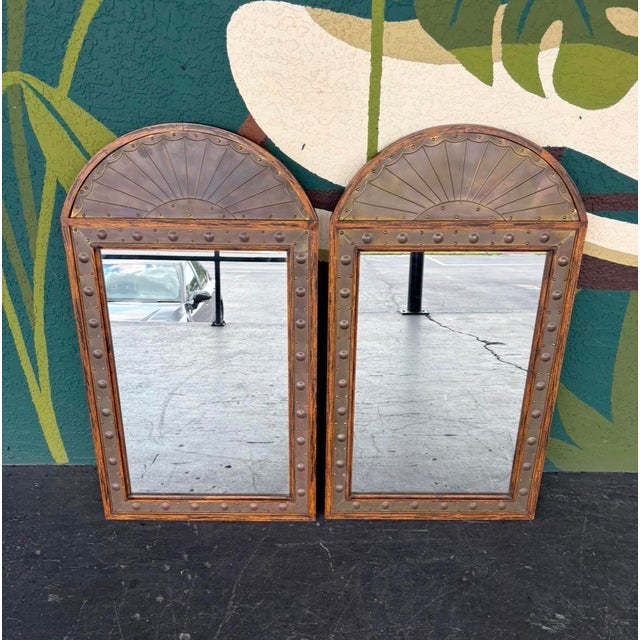 Farmhouse Sarreid Rustic Brass & Wood Arched Mirror Pair For Sale - Image 3 of 11