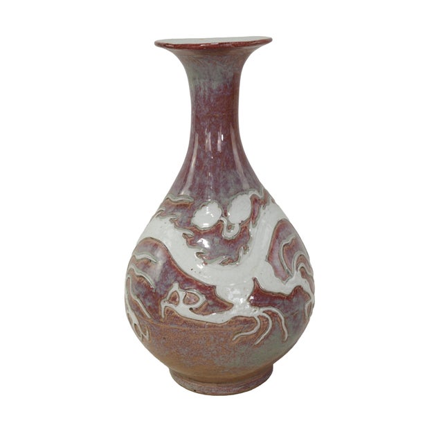 18th Century A Pair of Extremely Rare Jingdezhen Yuan or Early Ming Dynasty Underglaze Red Vases With White Relief Dragon Designs. For Sale - Image 5 of 11