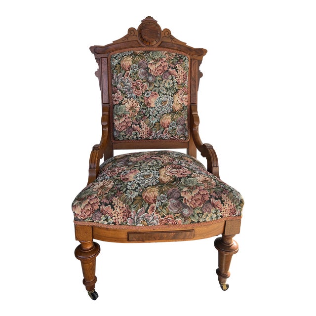 Burl Wood Detailed Late 19th Century Eastlake Velvet Victorian Chair For Sale