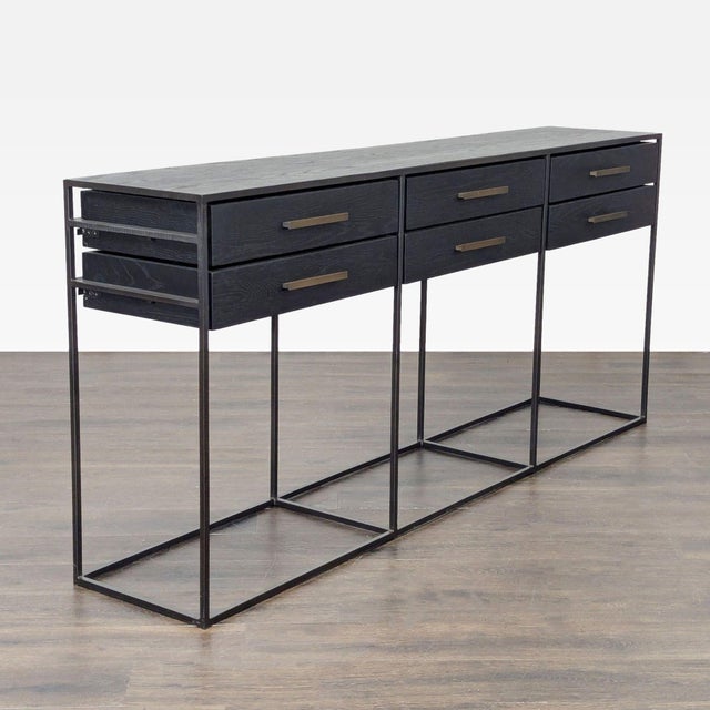 Minimalist six drawer console table with metal hardware on a metal frame. Brand: West Elm. Dimensions (in): 79W x 17D x 36H.