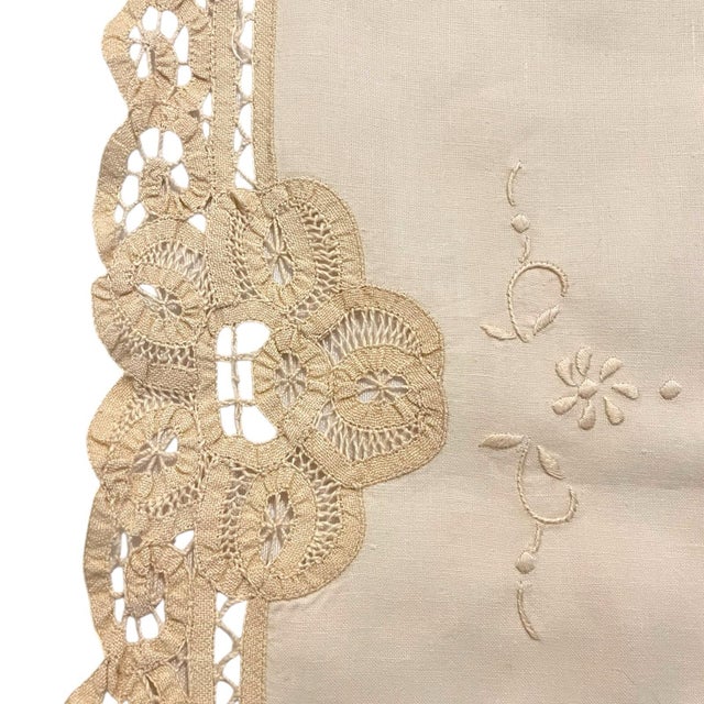 Victorian 45" Long Antique Battenberg Tape Lace Table Runner Traditional Farmhouse Primitive Edwardian Victorian Cotton For Sale - Image 3 of 7