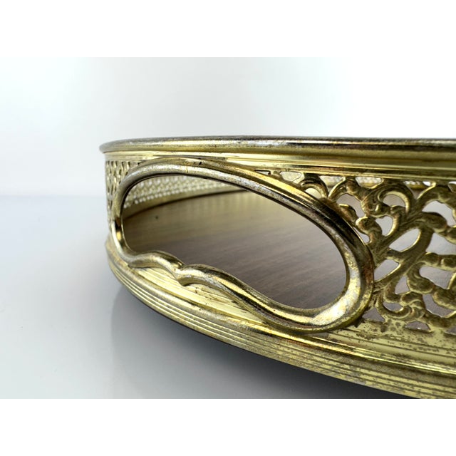 1960s Mid-Century Oval Brass and Walnut Butler’s Tray With Filigree Gallery and Claw Feet For Sale - Image 10 of 10