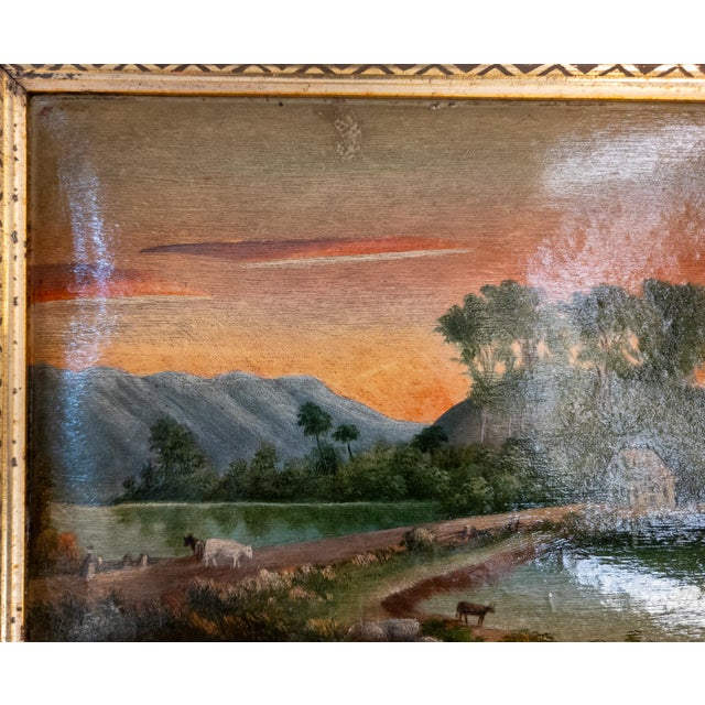 Wood 19th Century Luminist Folk Art Landscape Painting With Sunset For Sale - Image 7 of 17