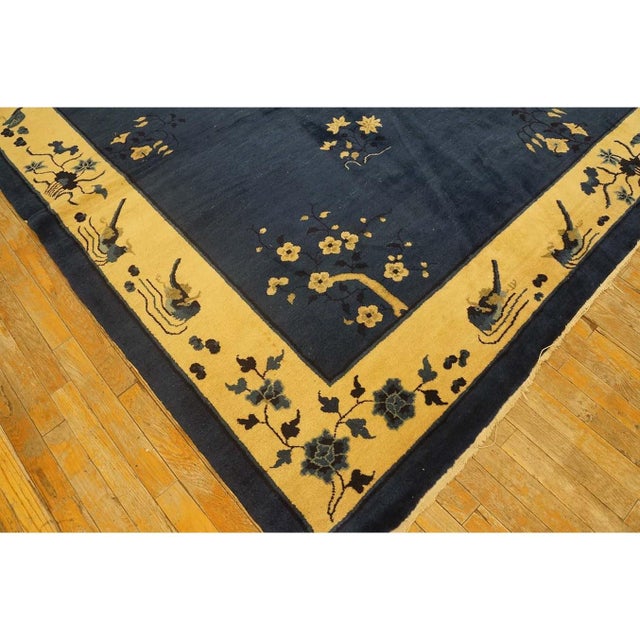 1930s 1930s Navy Blue Floral Deco Antique Chinese Peking Knotted Wool 9' X 11'4" Rug For Sale - Image 5 of 10