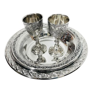 Late 20th Century Baroque Silver Plated Mini Goblets Set of 2 With Serving Trays - 4 pcs For Sale