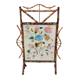 Antique Chinoiserie Needlepoint, English Regency, Bamboo, Fireplace Screen / Guard