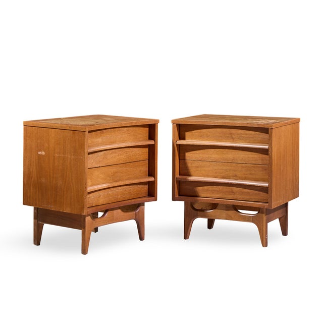 Young Manufacturing Mid Century Walnut Curved Front Nightstands - Pair Each nightstand measures: 22 wide x 17 deep x 25...