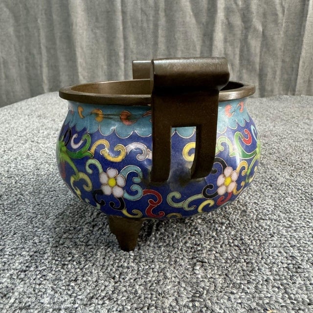 Vintage Chinese Cloisonné Enamel Tripod Censer With Handles For Sale - Image 4 of 6