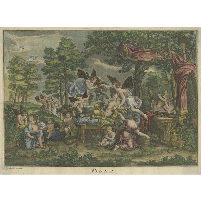 Hand-Colored Antique Engraving of Flora Lying on a Bed Surrounded by Angels For Sale