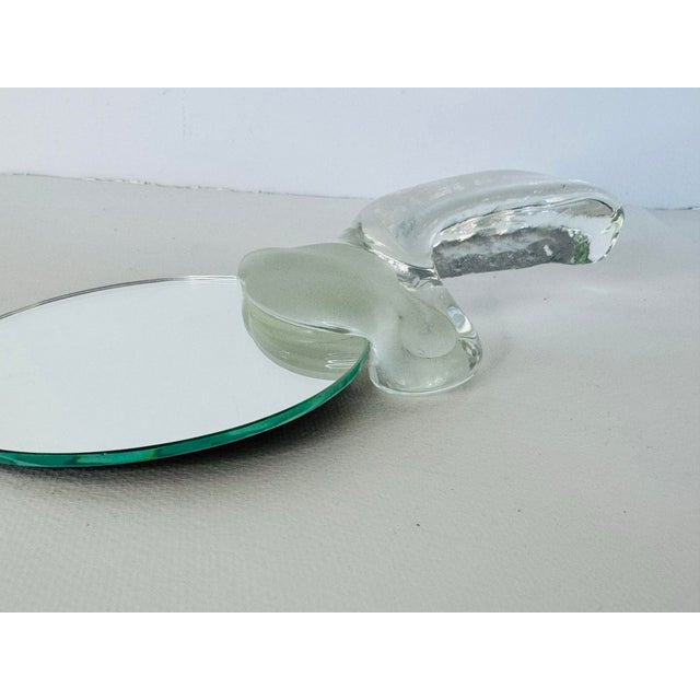 1980s Riker Art Glass Hand Mirror made in Providence RI. Clear and frosted glass hold the small round mirror. Signed on...