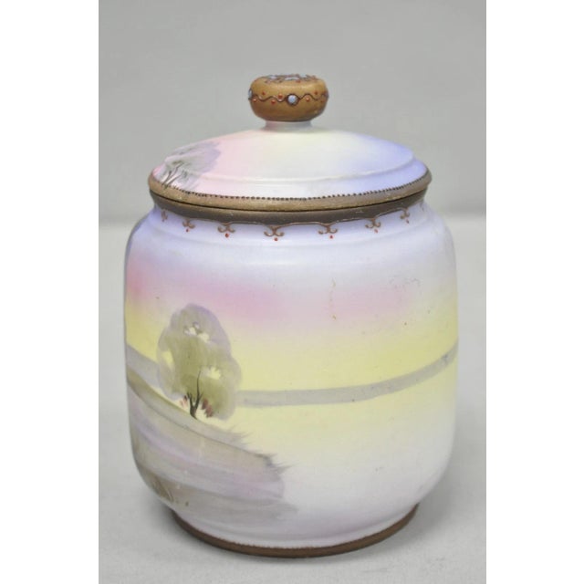 Ceramic Antique Nippon Hand Painted Porcelain Countryside Lake Scene Covered Biscuit Jar For Sale - Image 7 of 17