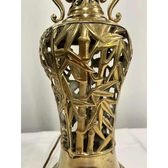 Japanese Vintage James Mont Style Reticulated Brass Table Lamp With Bamboo Cherry Blossom and Crane With Black Shade For Sale - Image 3 of 11
