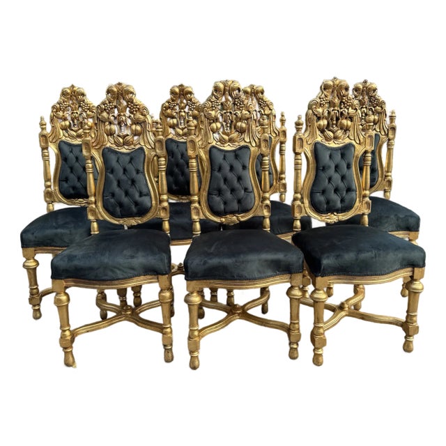 1900 Italian Baroque Rococo Gilded Beech Black Velvet Chairs - Set of 7 For Sale