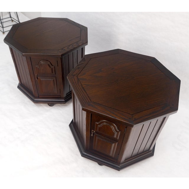 Pair Cerused Oak Round Octagon Shape 1 Door Compartment End Tables Stands MINT! For Sale - Image 6 of 8