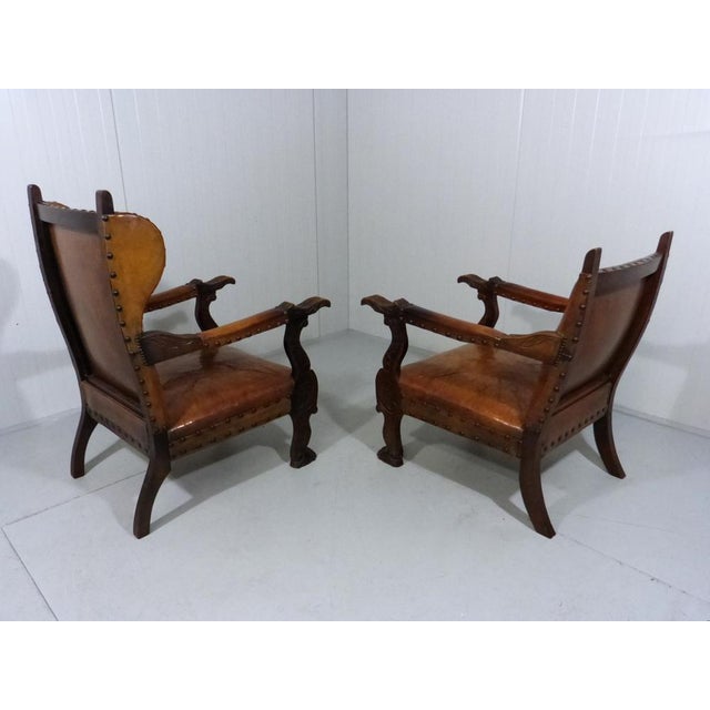 Set of Antique Leather Armchairs with Carps Print, 1890s For Sale - Image 5 of 18
