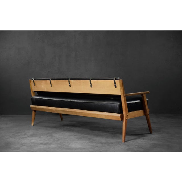 Wood Mid-Century Modern German Oak and Black Leather Sofa, 1960s For Sale - Image 7 of 18