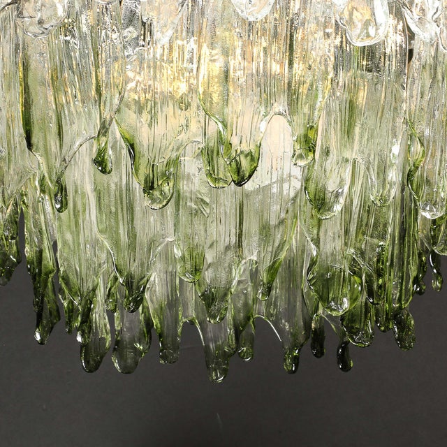 Mid-Century 3-Tier Hand-Blown Murano Green Glass Fiamme Chandelier by Mazzega For Sale - Image 14 of 18